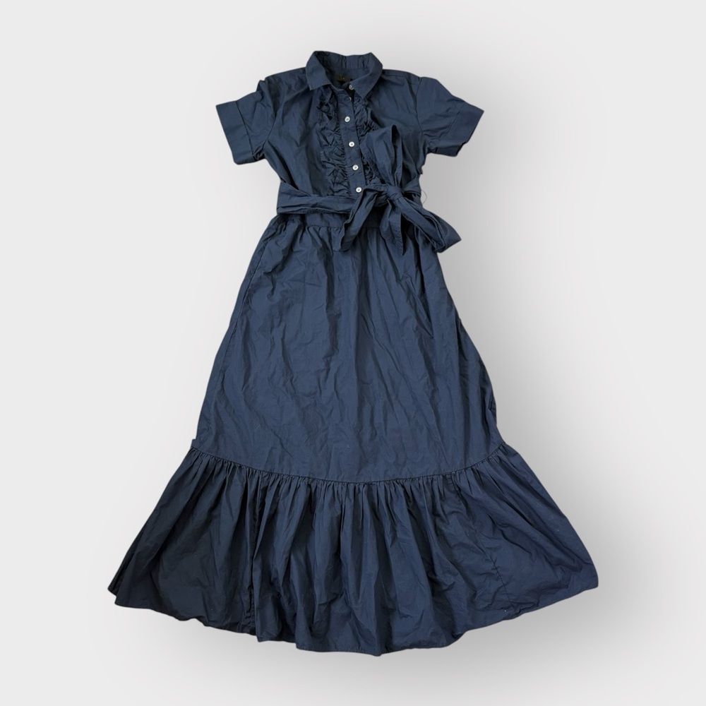 J.Crew Navy Short Sleeve Ruffle Bow Tie Maxi Dress - Preppy, 100% Cotton
